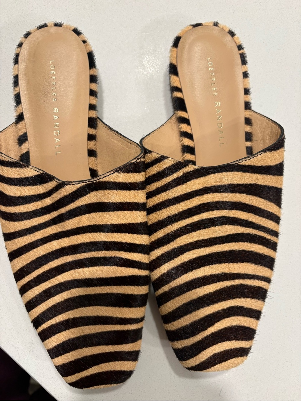 Loeffler Randall Zebra-Print Slip-On Mules in Tan and Black size 7